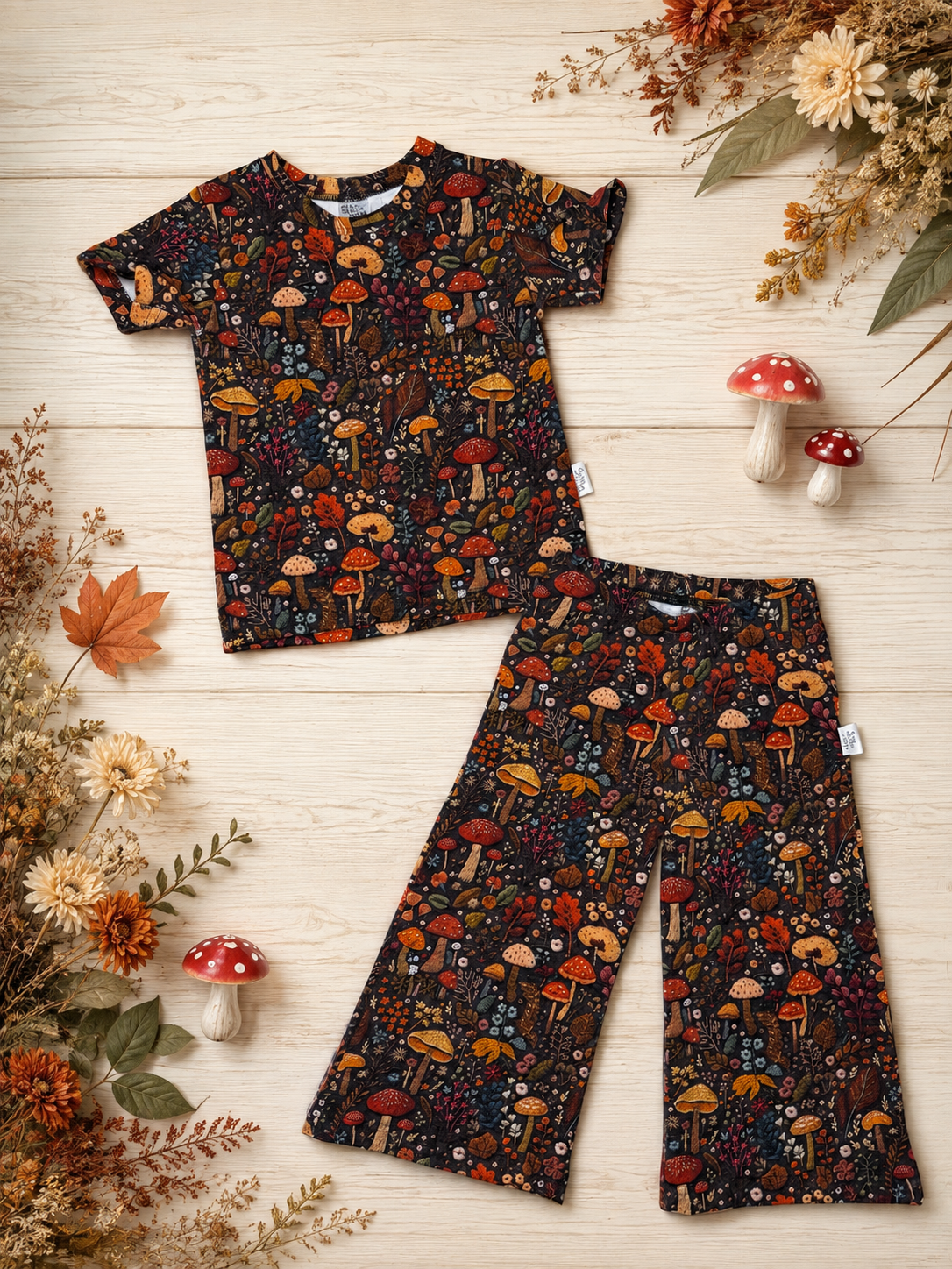 Scottie Wide Leg Set- Mushroom Embroidery