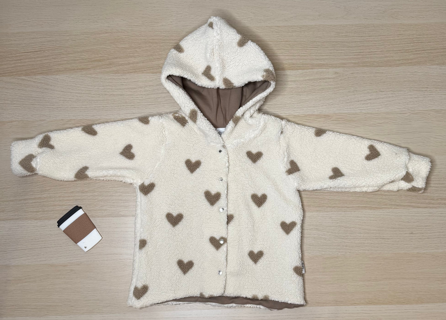 Quinn Teddy Fleece Shacket- Cream with Brown Hearts