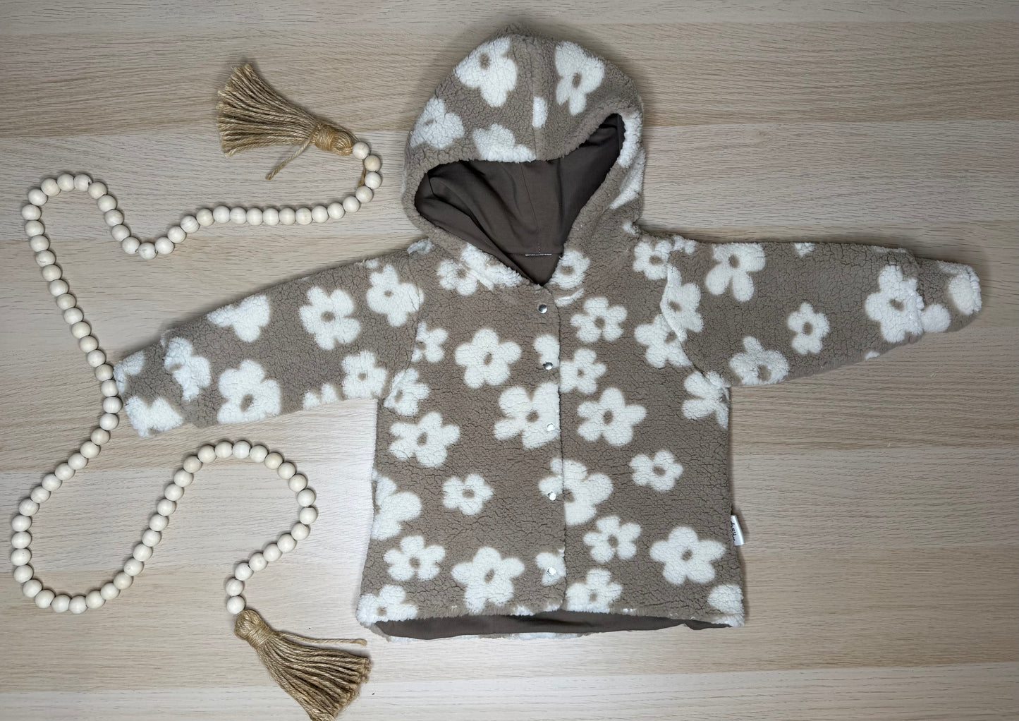 Quinn Teddy Fleece Shacket-Brown with Cream Flowers