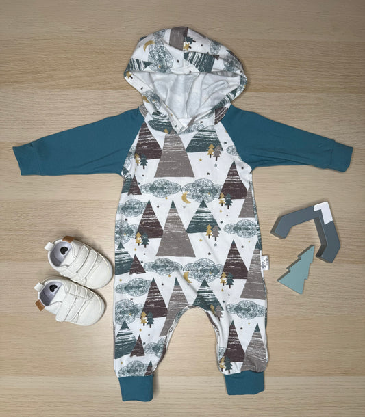 Milo Hooded Romper- Mountains (blue cuffs)