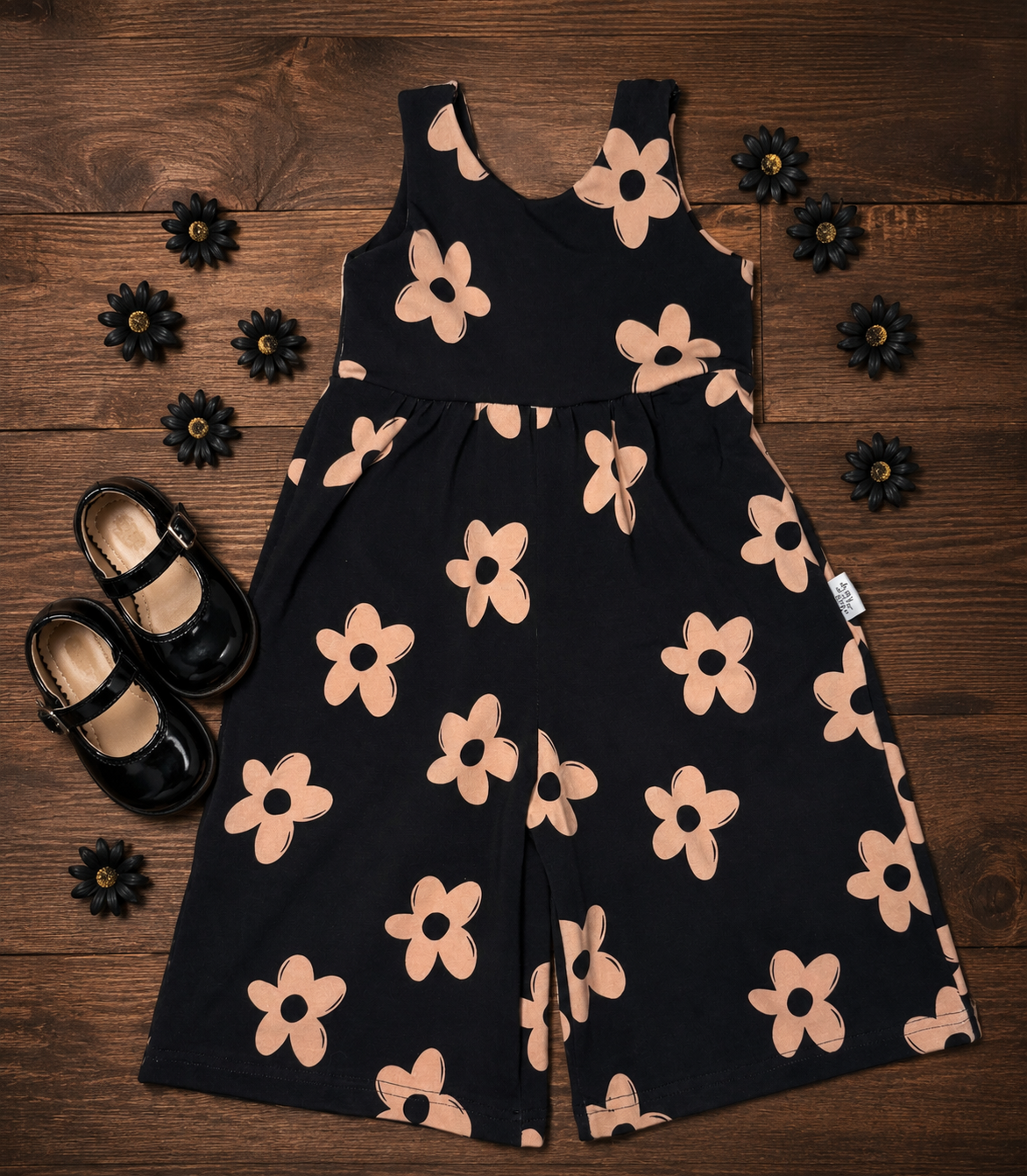 Lucy Wide Leg Romper- Black Daisy