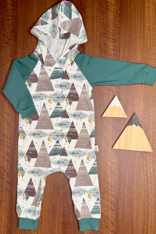 Milo Hooded Romper- Mountains (green cuffs)