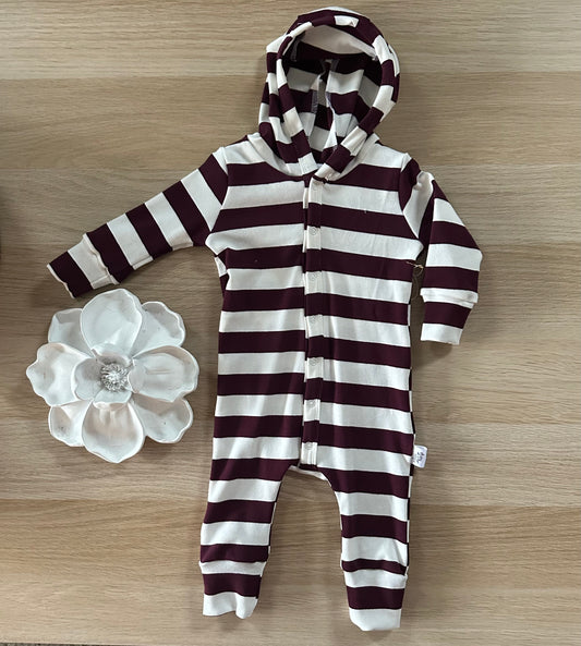 Jude Hooded Romper- Burgundy Stripes