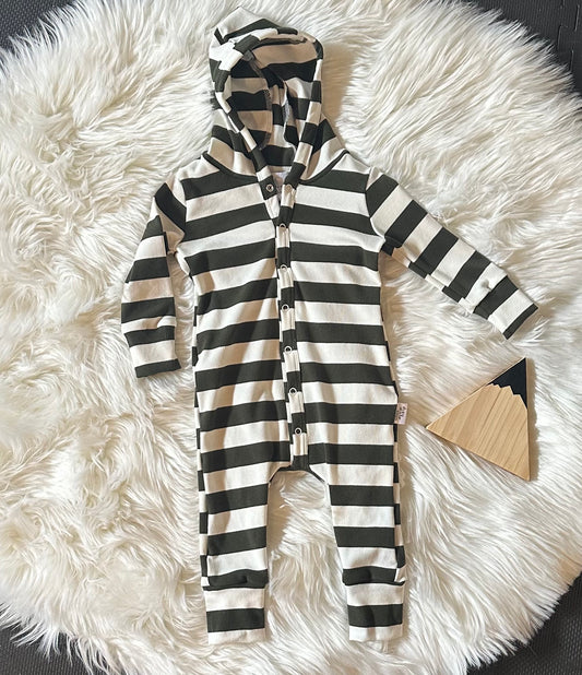 Jude Hooded Romper- Forest Stripes