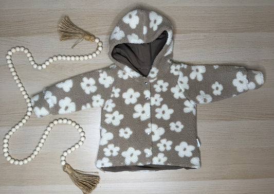 Quinn Teddy Fleece Shacket-Brown with Cream Flowers