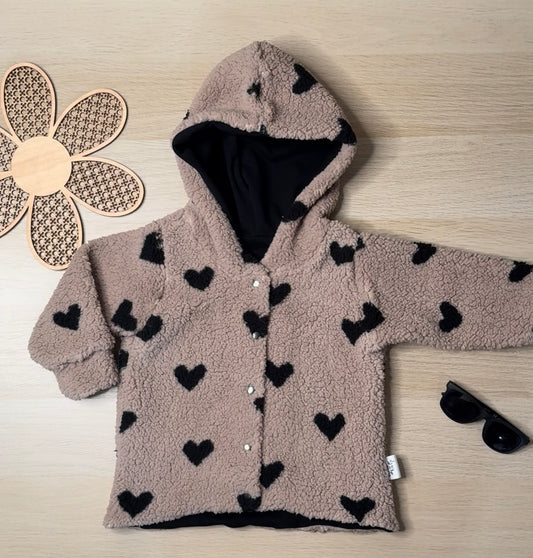 Quinn Teddy Fleece Shacket- Brown with Black Hearts